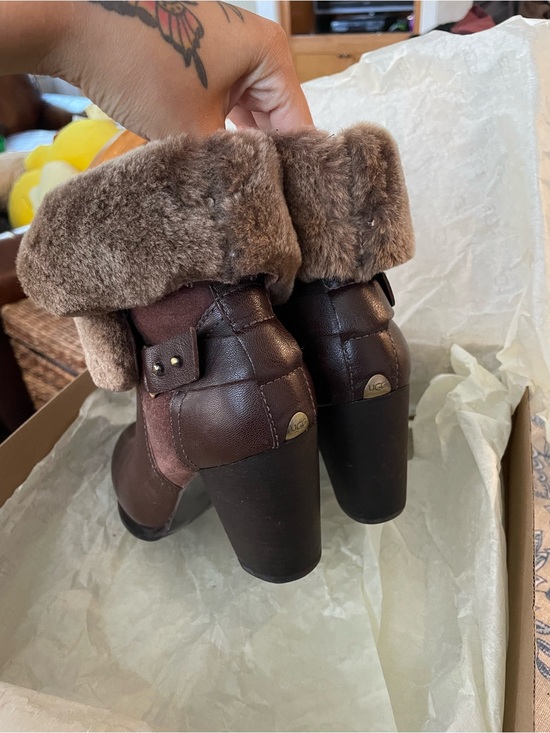 UGG Shoes - UGG Brown Leather & Shearling Fold-Over Heeled Boots